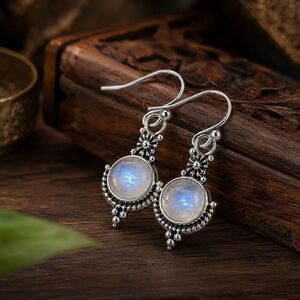 Opaline Bazaar Faux Moonstone Silver Tone Balinese Style Earrings